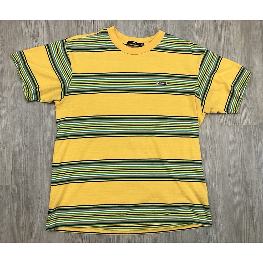 OBEY Yellow And Green Striped Tshirt Men’s Size S